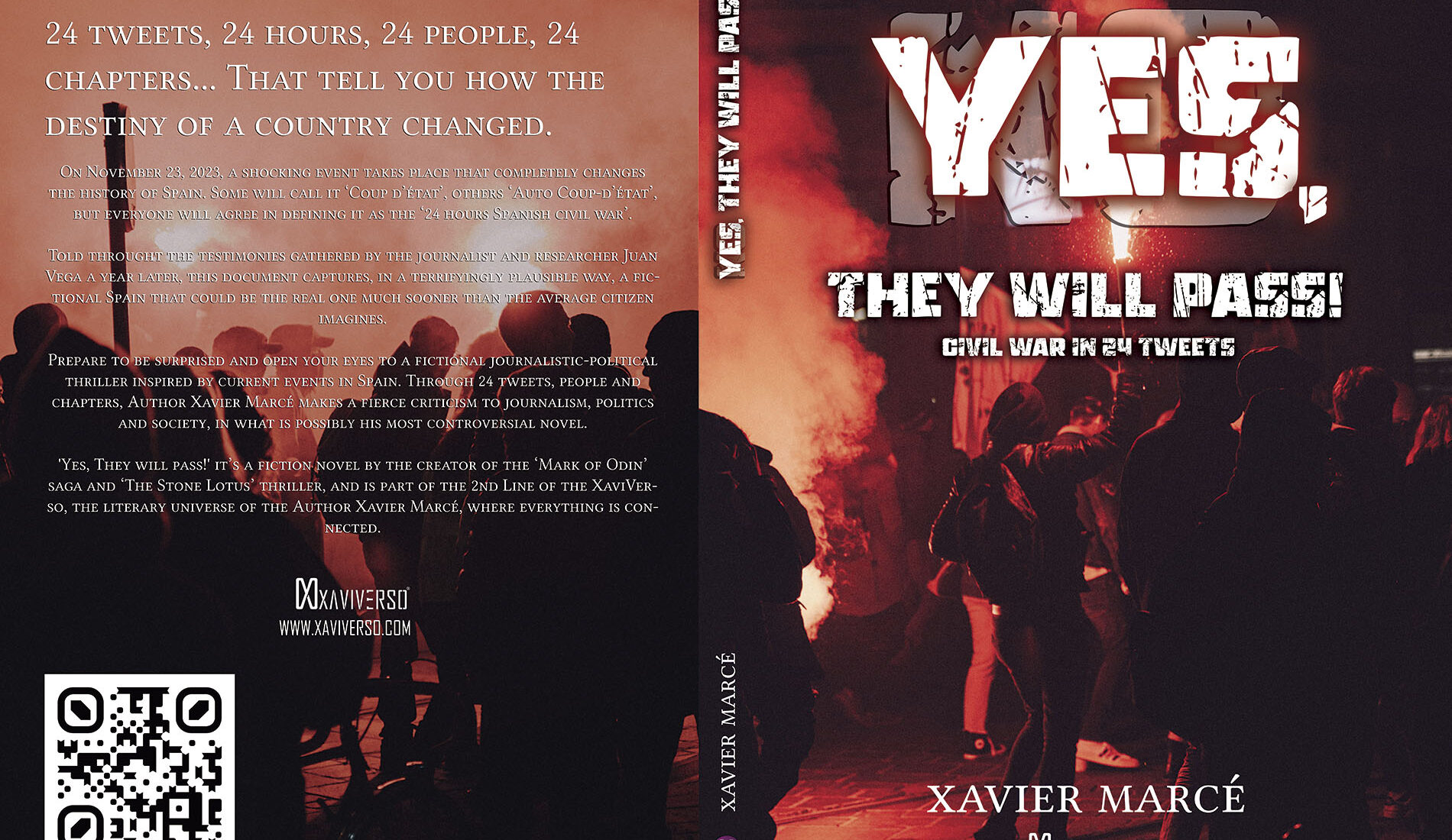 Paperback cover design for Yes, they will pass! Civil war in 24 tweets thriller book and novel by writer Xavier Marce.